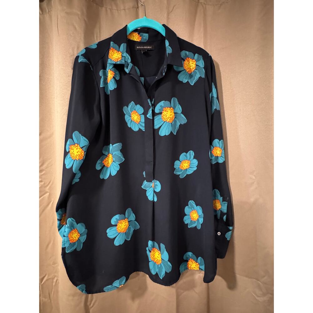 Banana Republic Floral Blouse Women’s Small Blue Teal Flower Print Long Sleeve